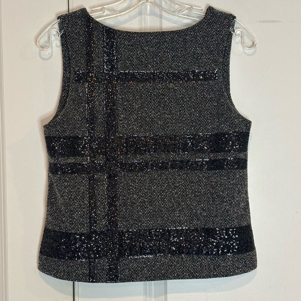 Banana Republic Black Sequin Plaid Sleeveless Herringbone Zip Back Top 0